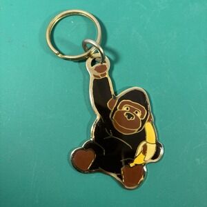 Vintage Keychain Monkey Ape With Banana Key Ring Metal‎ & Enamel Fob Cute SWIB